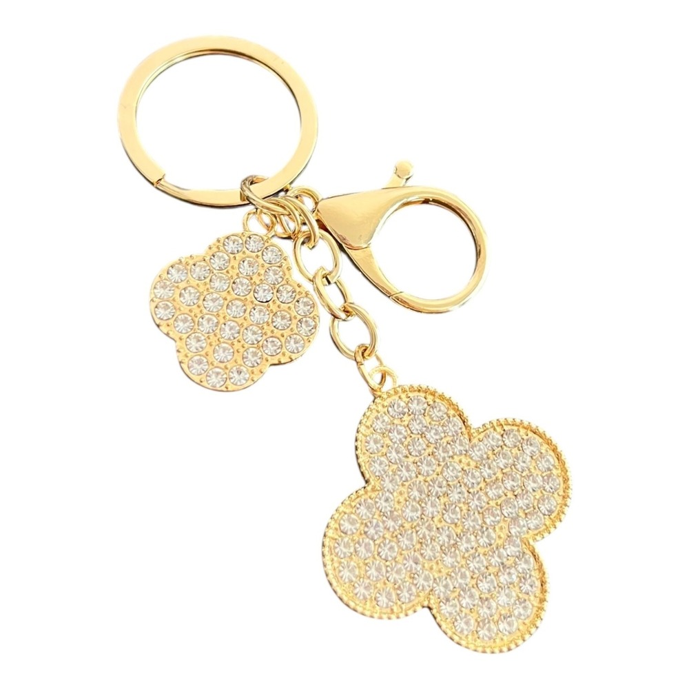 Women's Gold Clover Key Chain Charm White Rhinestone Key Ring Finder 4"